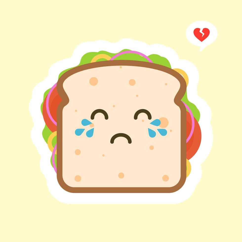cute and kawaii of sandwich bread character with vegetables. breakfast. slice cheese sandwich with tomato, lettuce and bacon, sausage flat design style. tastyvegetarian food. vector