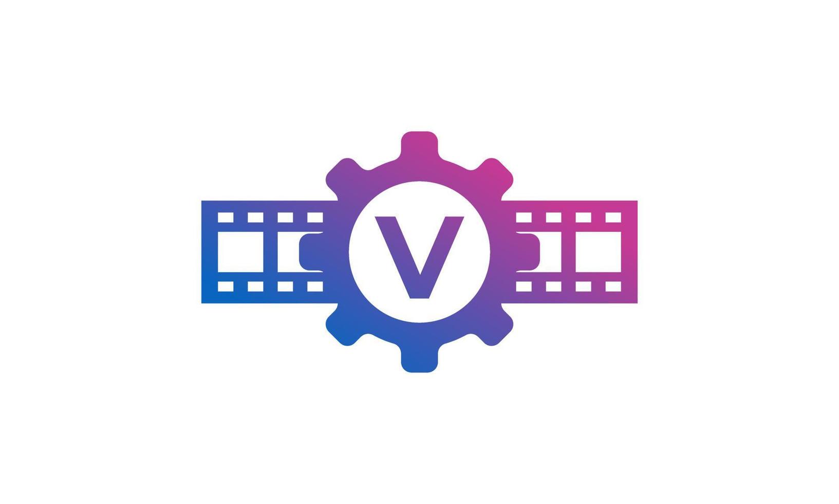 letra inicial v engranaje rueda dentada con rayas de carrete tira de película para película cine producción estudio logotipo inspiración vector