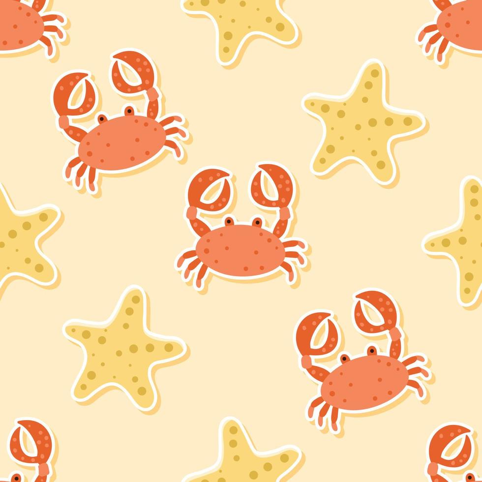 Seamless starfish and crab sticker in summer cartoon pattern vector