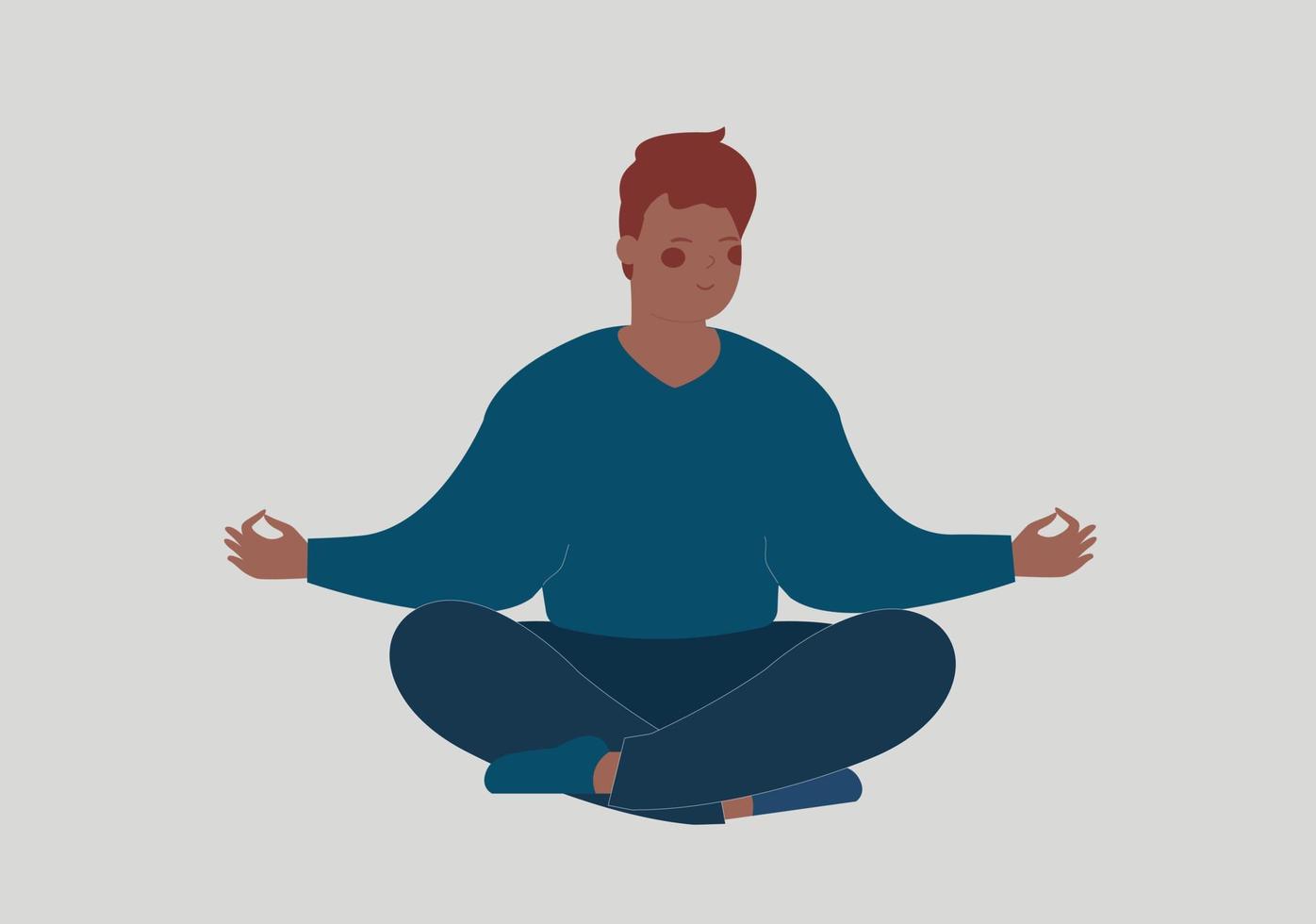 Black man meditates on the floor with closed eyes. Male or Adolescent sits with cross-legged and practices yoga. Breathing exercises in the morning. Inner peace, health care and positive body concept. vector