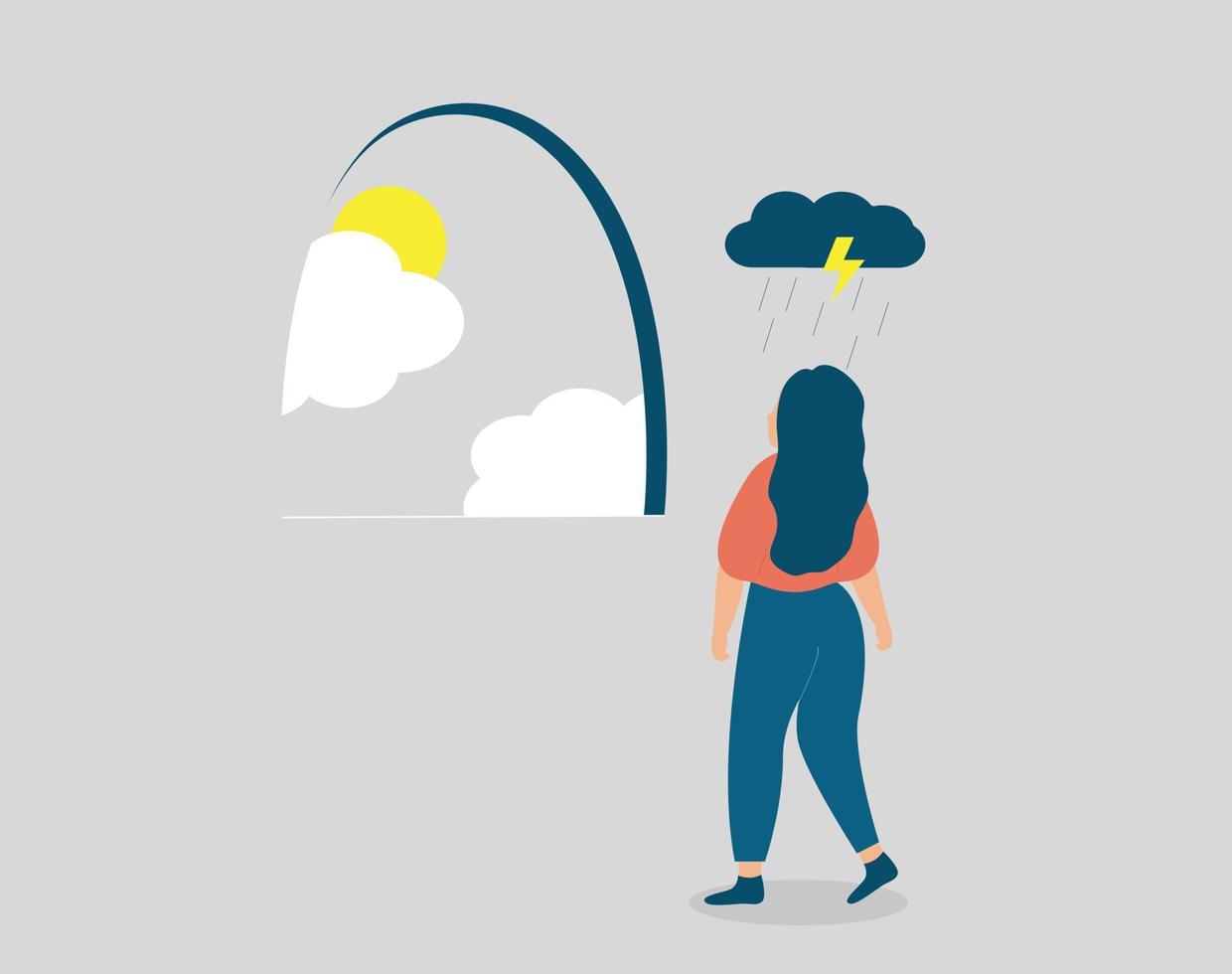 Young woman stands under a rainy cloud and looks at the sunlight through a window. Adolescent Female wants to get rid of anxiety. Psychological problems, mental health disorders concept. Vector stock.