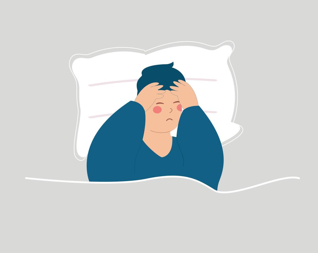 Young man has insomnia and headaches. Boy suffers from migraine has difficulty of falling asleep during night. Male looks sleepy and touches his head. Trouble sleeping, anxiety, mental health disorder vector