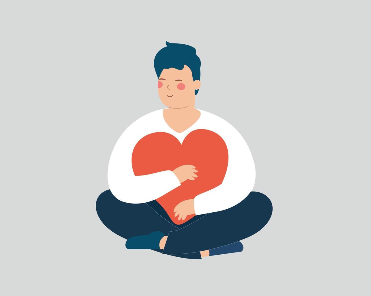 Young man holds, hugs a big heart. Happy adolescent boy sits in lotus pose with closed eyes. Male and cares a red heart with love while sitting. Self acceptance, positive body mental health concept. vector