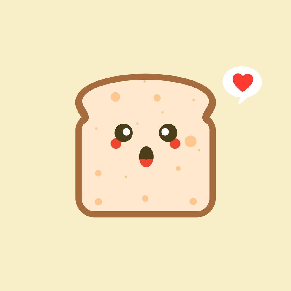 Vector divertido dibujo animado lindo pan rebanado personaje aislado sobre fondo de color. mascota de la etiqueta de panadería. icono de ilustración de personaje de caricatura plana vectorial. tostadas, tarjeta de buenos días, concepto de desayuno