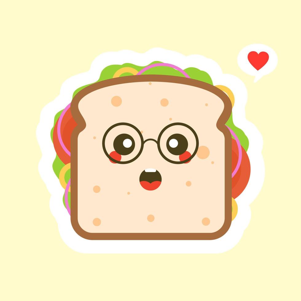 lindo y kawaii del personaje de pan de sándwich con verduras. desayuno. rebanada de sándwich de queso con tomate, lechuga y tocino, estilo de diseño plano de salchicha. sabrosa comida vegetariana. vector