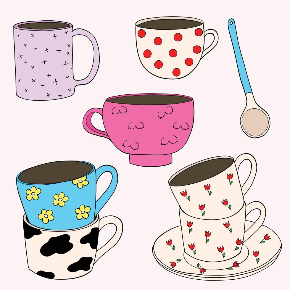 Set of mugs and a spoon. Mugs with different colors. Vector illustration