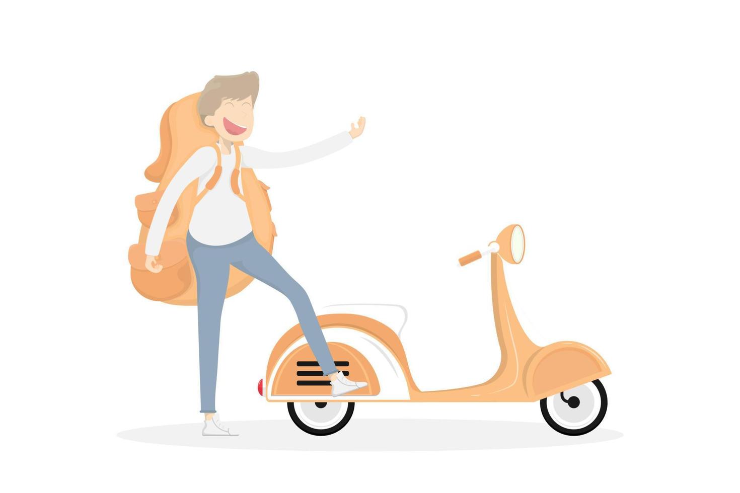 Diseño vectorial creativo de jóvenes, felicidad de jóvenes con mochila de viaje y moto scooter. vector