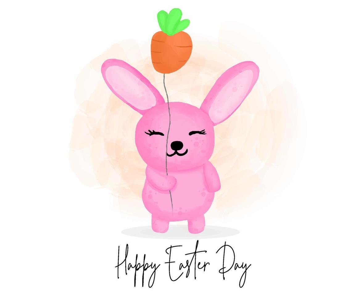 feliz día de pascua con lindo conejo sosteniendo un personaje de dibujos animados de globo de zanahoria vector