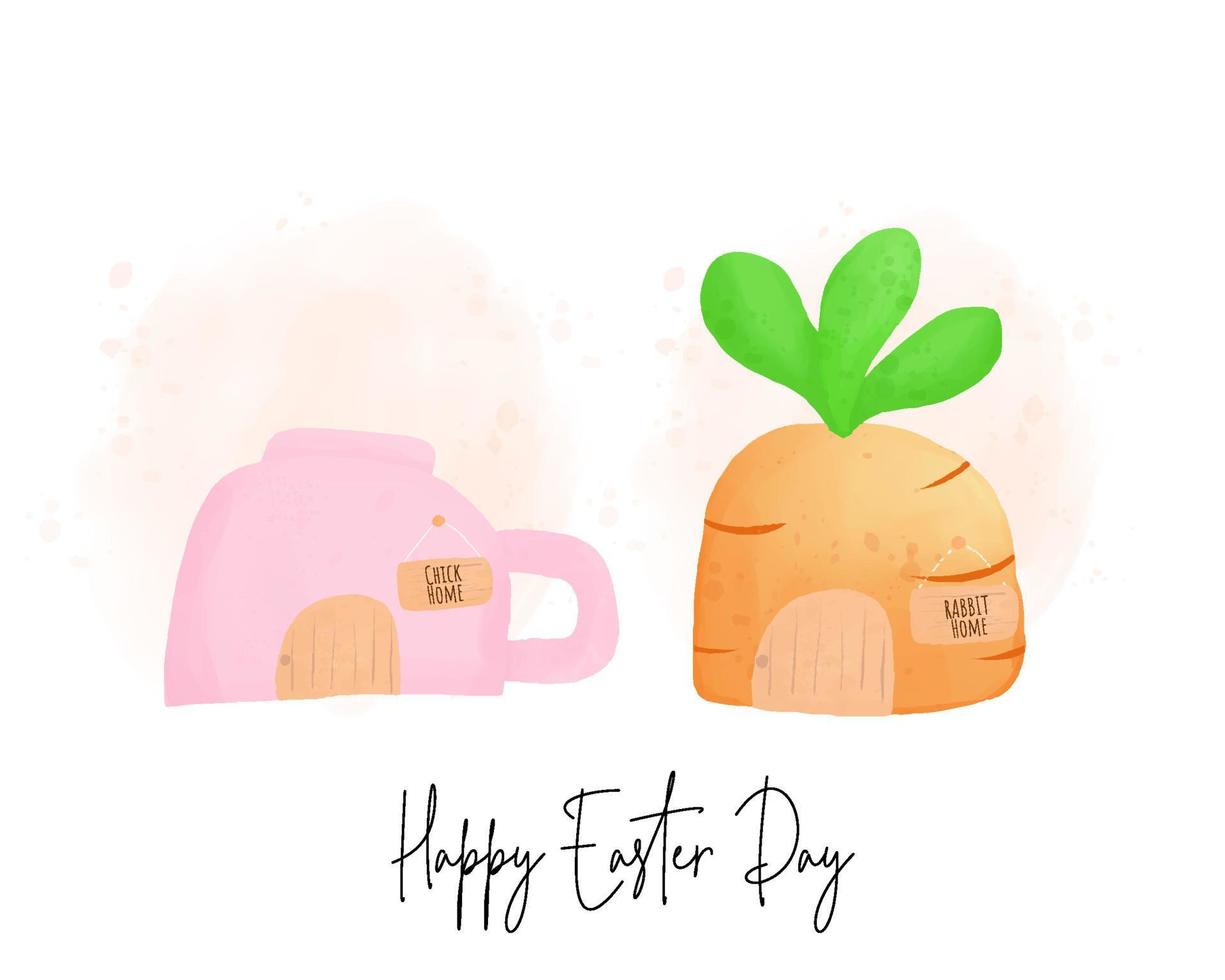 Happy easter day with cute chick and rabbit home in cartoon style vector