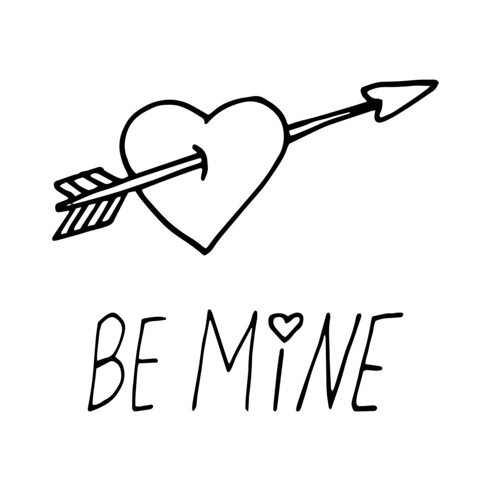 heart and arrow and be mine text hand drawn doodle. , scandinavian, minimalism. card, poster. love, wedding, romance, valentine day. vector