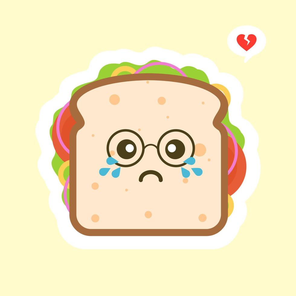 lindo y kawaii del personaje de pan de sándwich con verduras. desayuno. rebanada de sándwich de queso con tomate, lechuga y tocino, estilo de diseño plano de salchicha. sabrosa comida vegetariana. vector