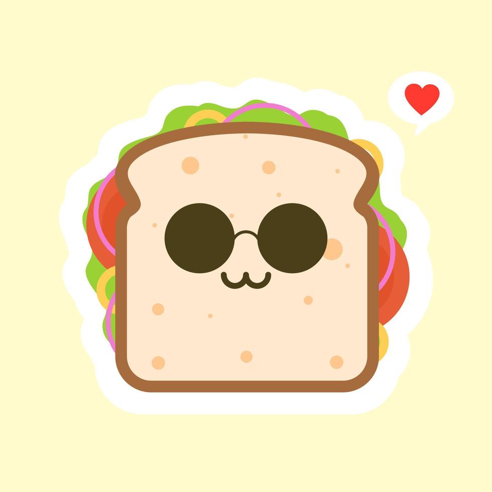 lindo y kawaii del personaje de pan de sándwich con verduras. desayuno. rebanada de sándwich de queso con tomate, lechuga y tocino, estilo de diseño plano de salchicha. sabrosa comida vegetariana. vector