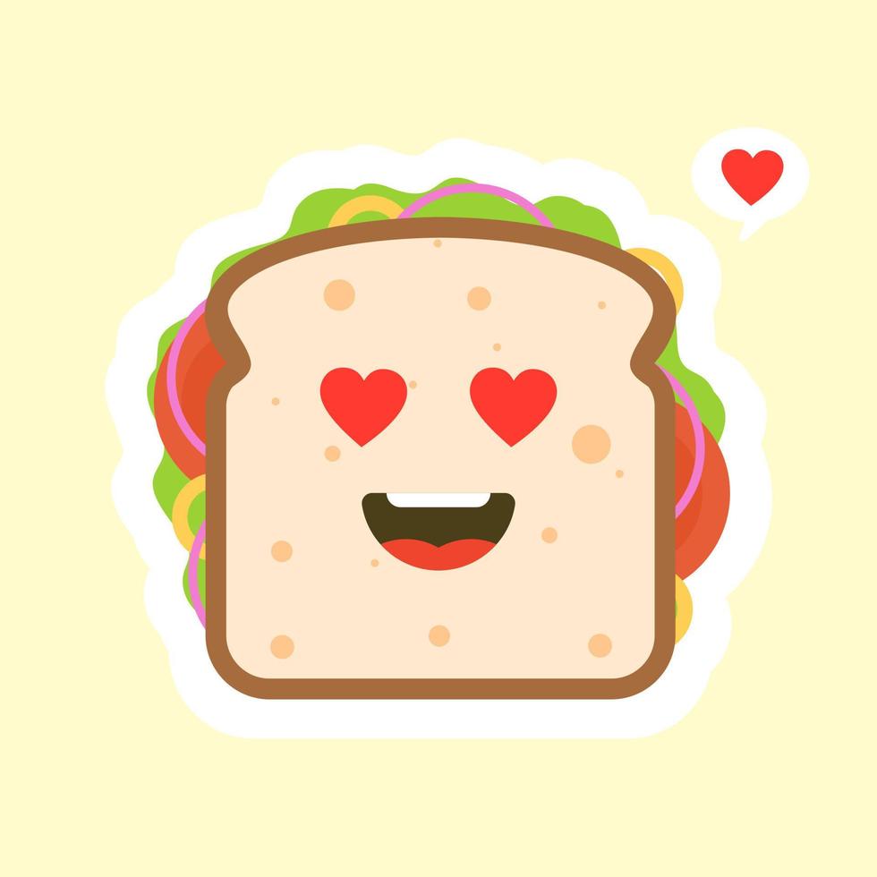 cute and kawaii of sandwich bread character with vegetables. breakfast. slice cheese sandwich with tomato, lettuce and bacon, sausage flat design style. tastyvegetarian food. vector