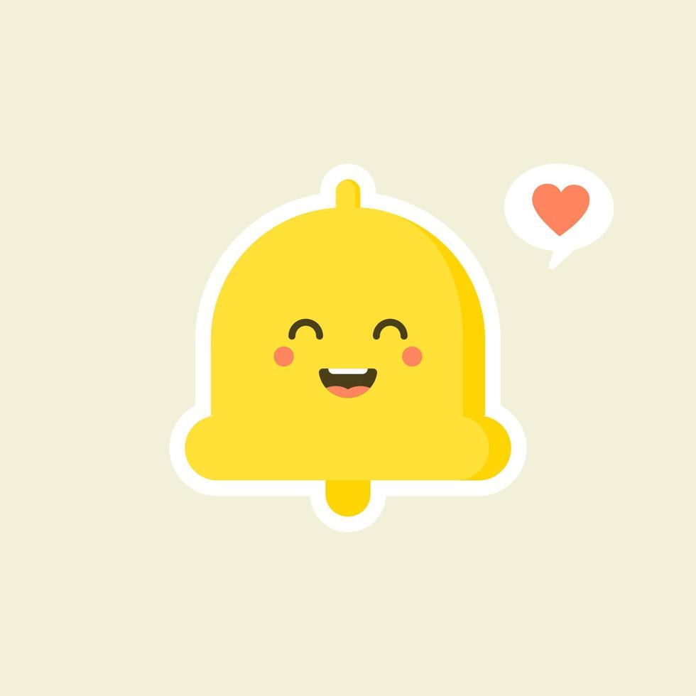 diseño plano de campana de mano kawaii. notificaciones felices, anuncios. alarma de recordatorio. emoji, emoticón. Ilustración de vector lindo aislado