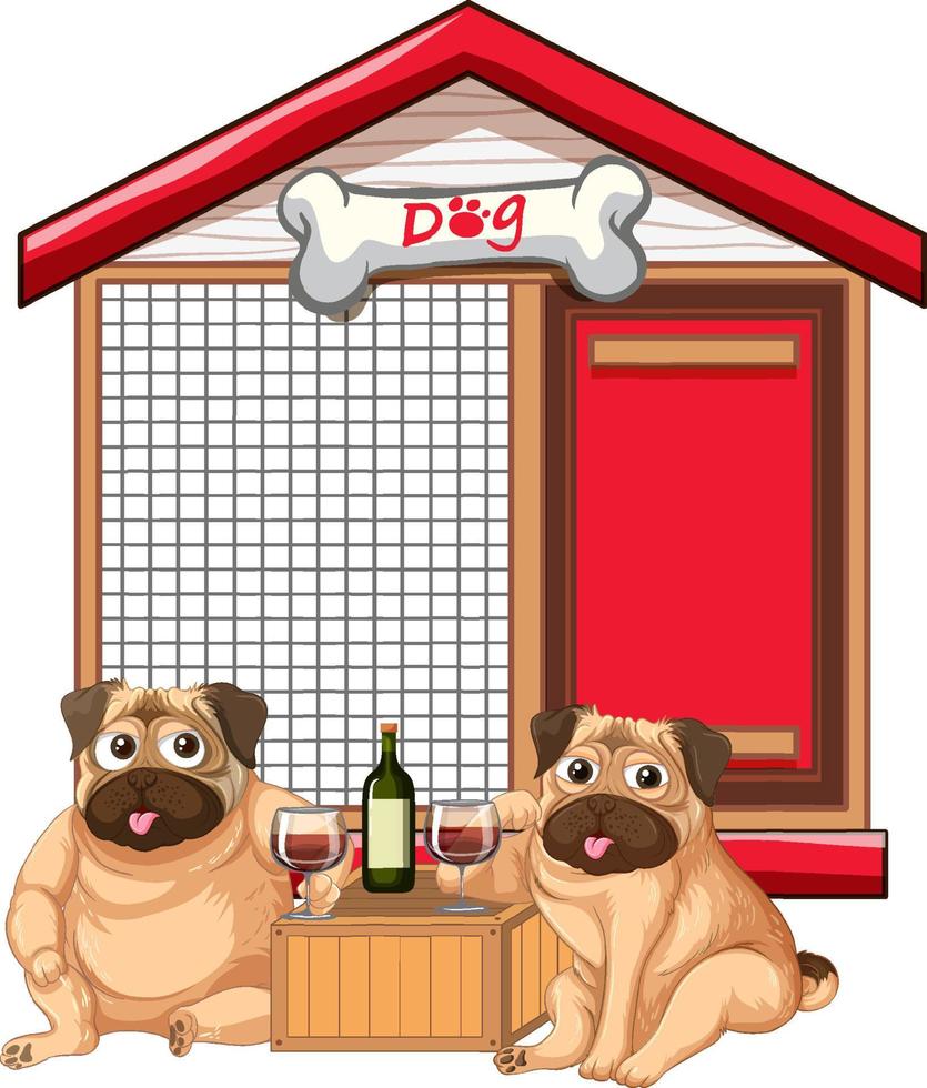 Two pugs drinking wine by the doghouse vector