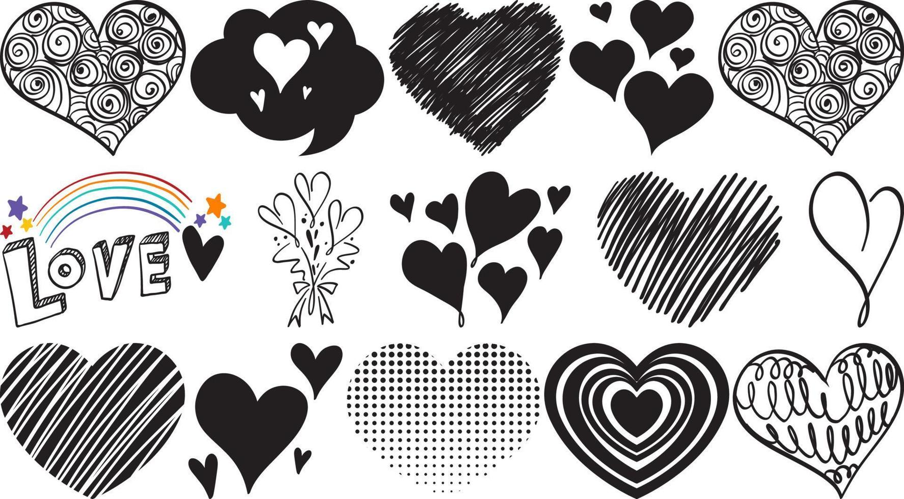 Black hand drawn hearts set vector