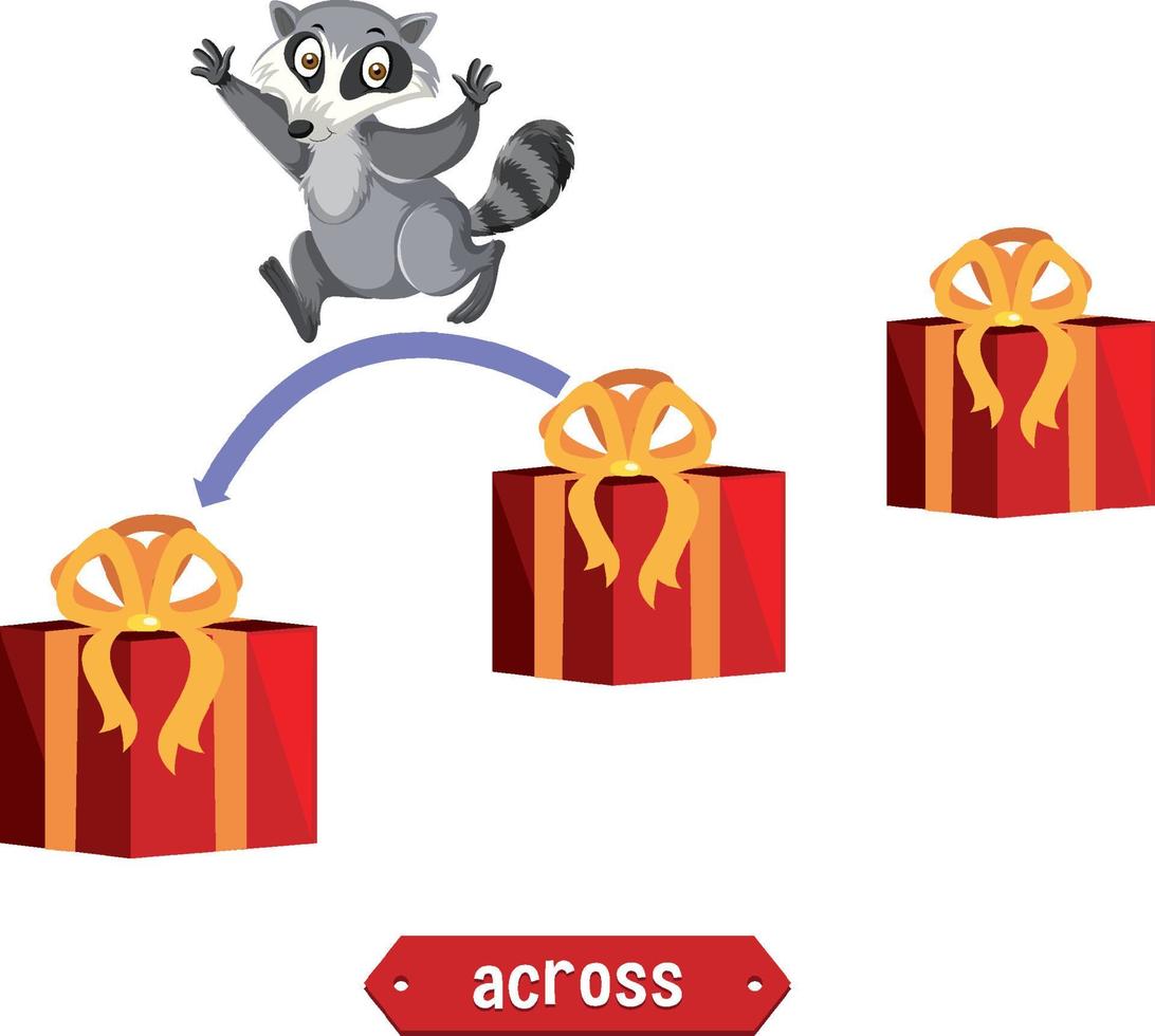 diseño de wordcard de preposición con mapache y cajas vector