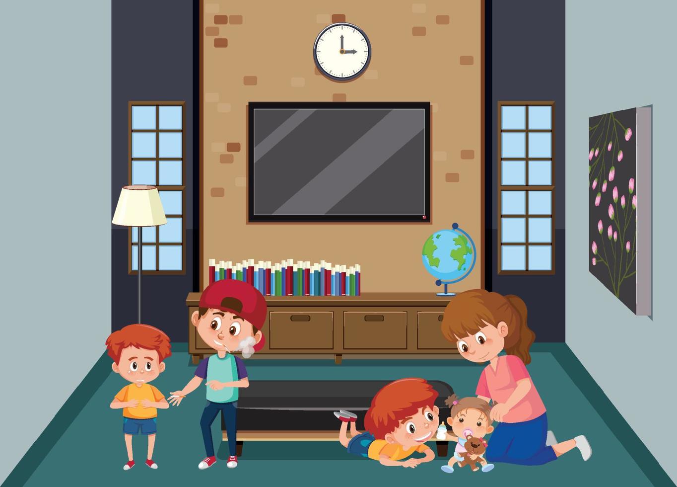 Living room scene with family members vector