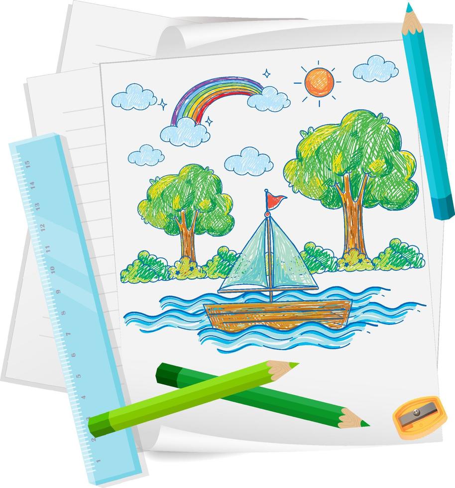 un papel con un diseño de boceto de garabato con lápices de colores y colores vector
