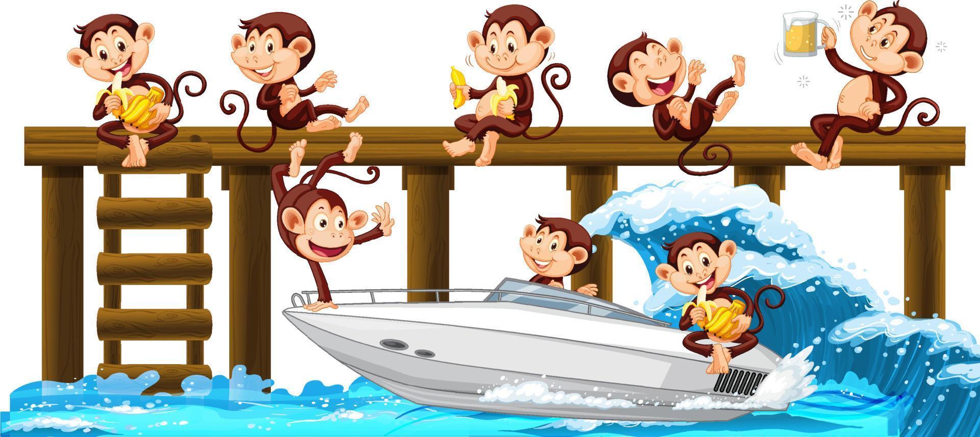 Muelle de madera con muchos monos realizando diferentes actividades. vector