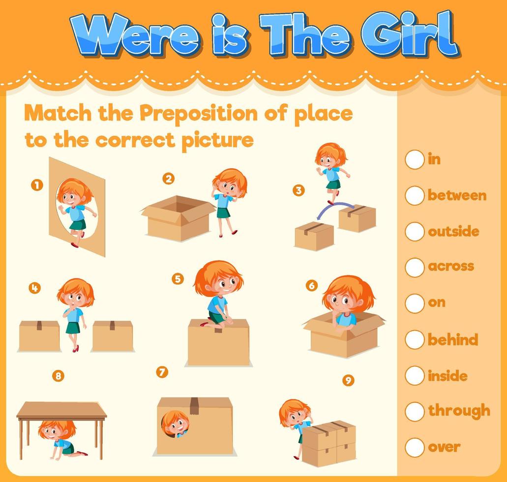 Prepostion wordcard design with girl and boxes vector