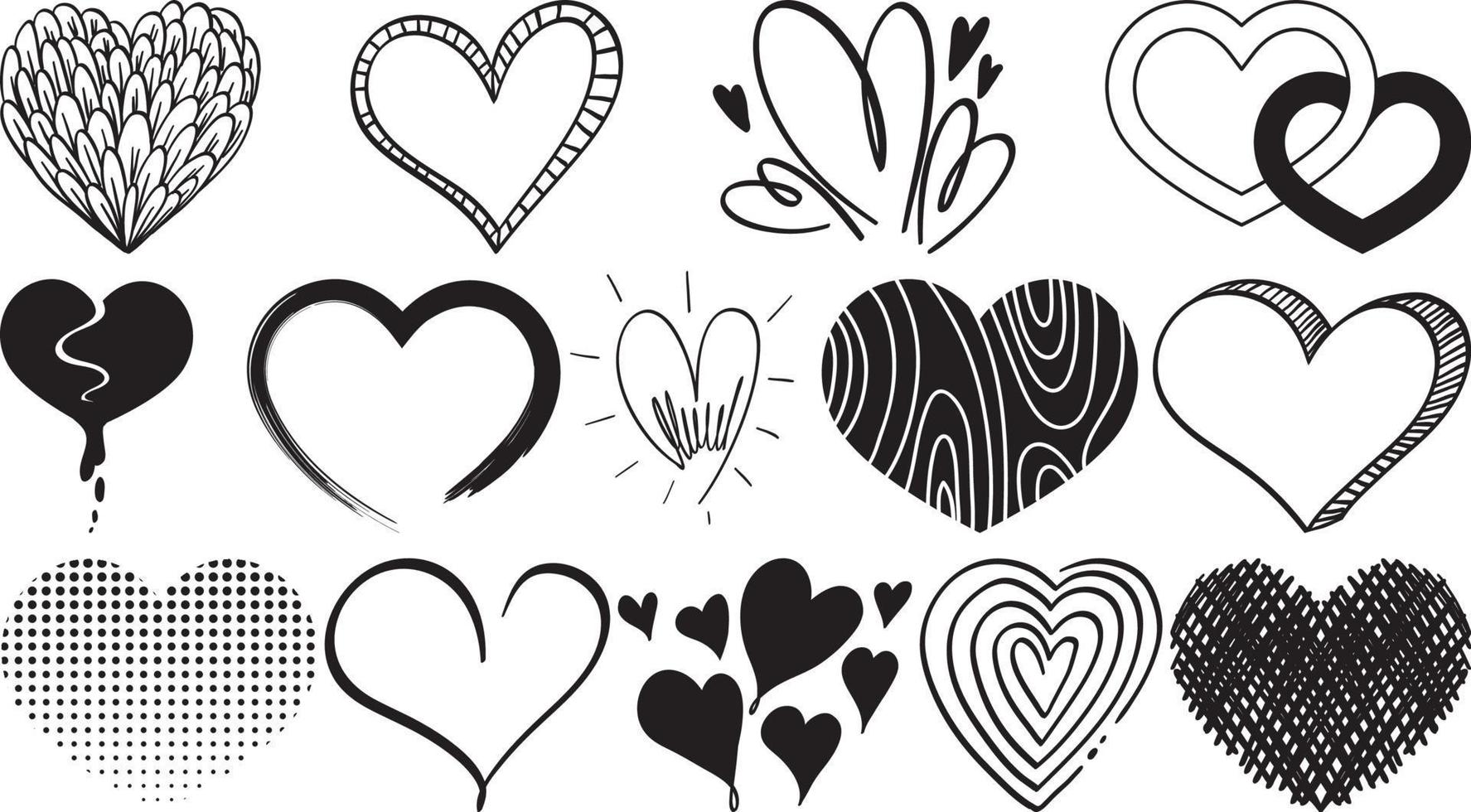 Black hand drawn hearts set vector