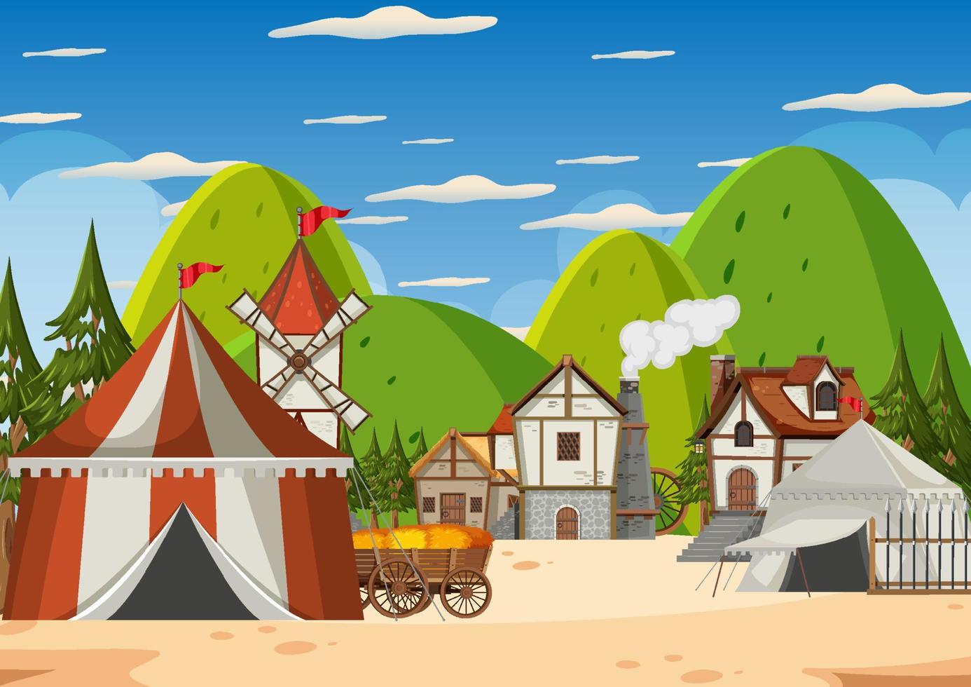 Medieval army camp scene in cartoon style vector