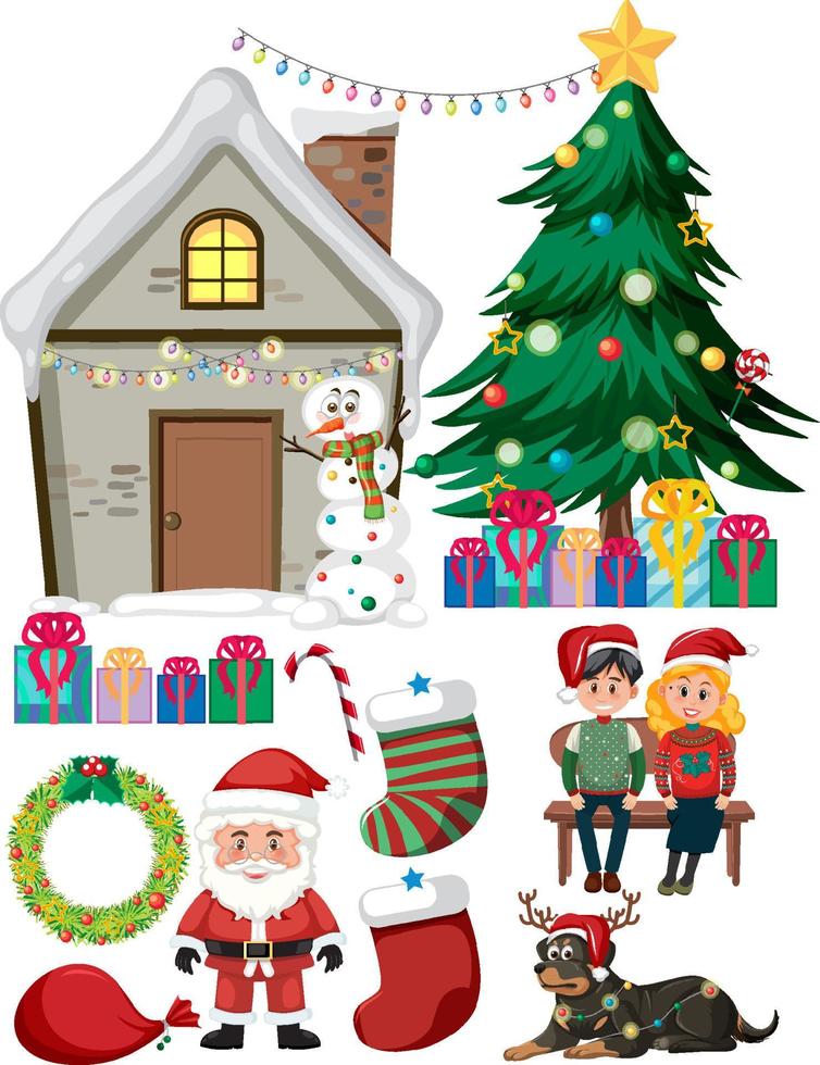 Christmas set with tree and decorations vector