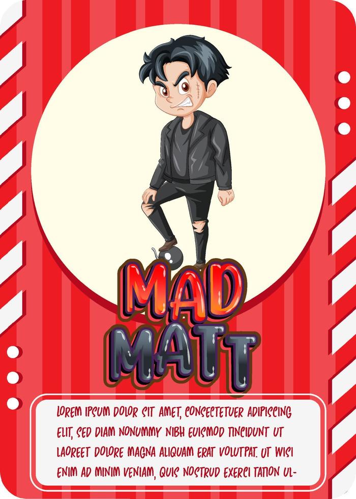 plantilla de tarjeta de juego de personajes con palabra mad matt vector