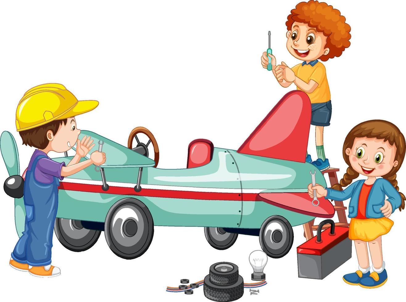 Children repairing a plane together vector