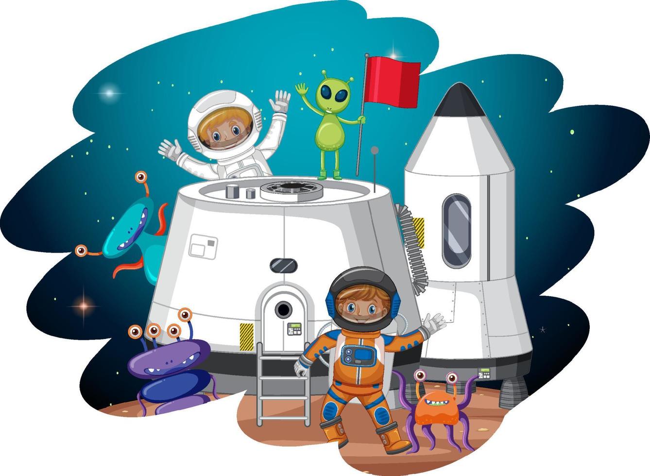 Cartoon astronaut and aliens on planet in cartoon style vector