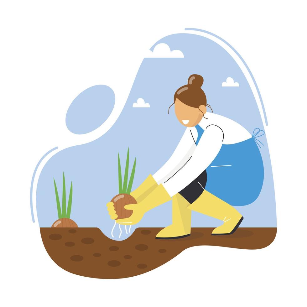 una mujer plantando una cebolla. un agricultor cultiva cebollas. cultivo de cebollas en el jardín. ilustración vectorial vector