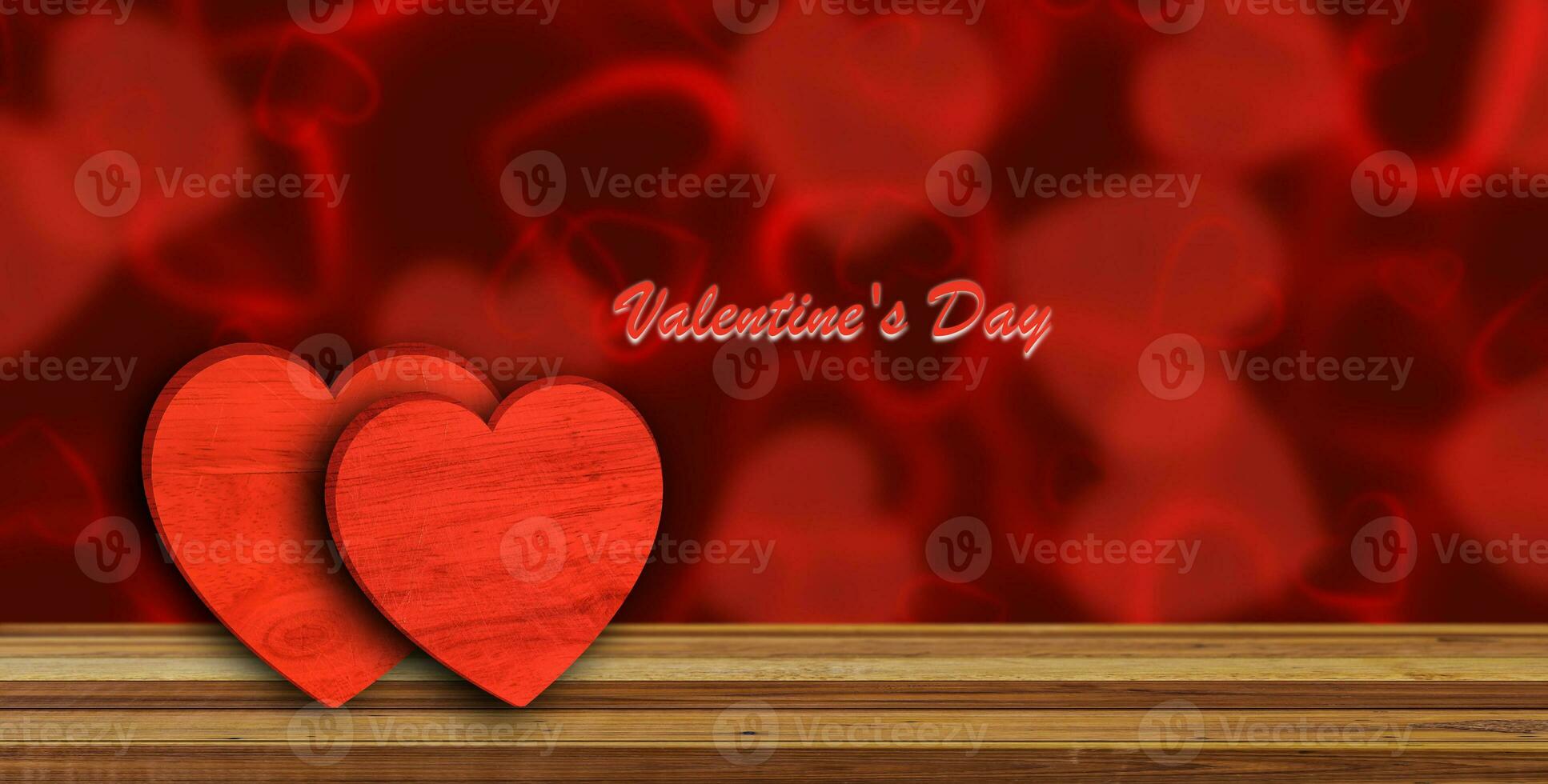 Red hearts on wooden table with soft romantic background. Valentines Day concept. photo