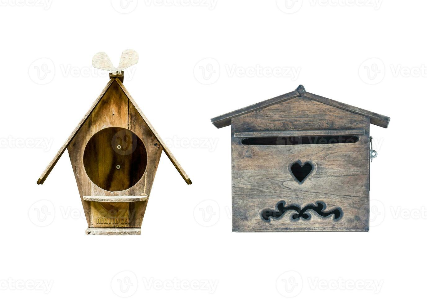 Two mailbox made of wood isolated on white background. Object with clipping path. photo
