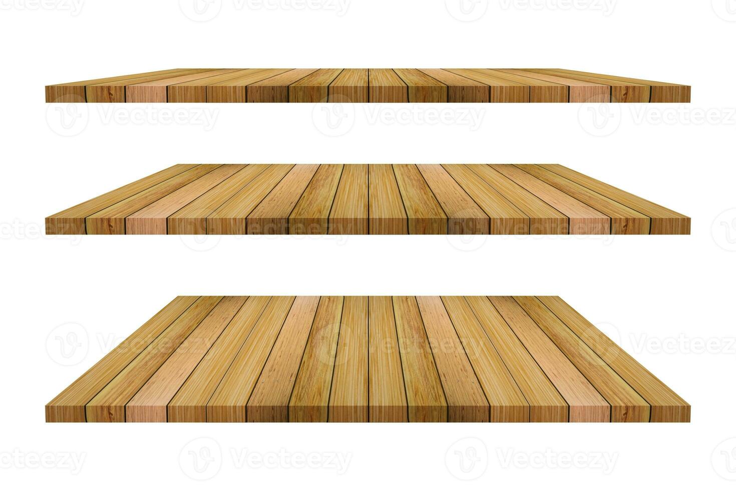Set of brown wood shelves on isolated white background. Objects with clipping path for design work and decoration photo