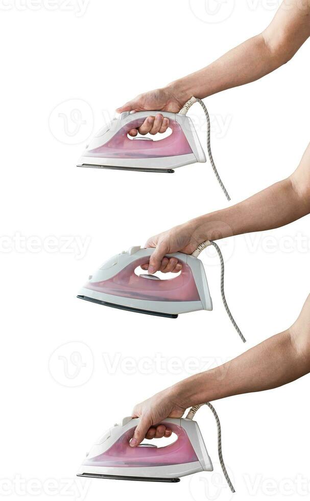 Set of hand holding electric iron, Isolated on white background with clipping path. photo