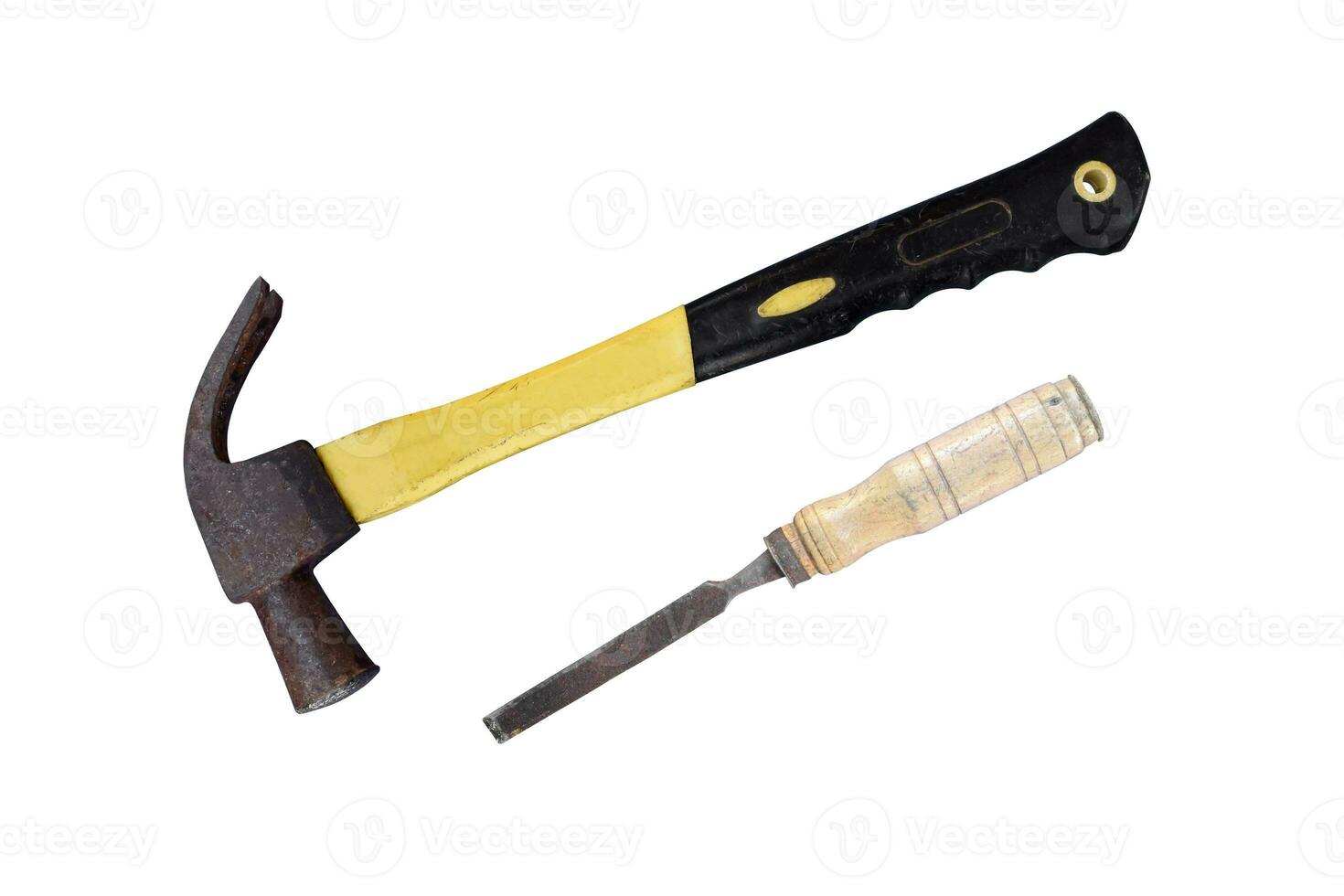 Old hammer and chisel with rusty isolated on white background. object with clipping path. photo