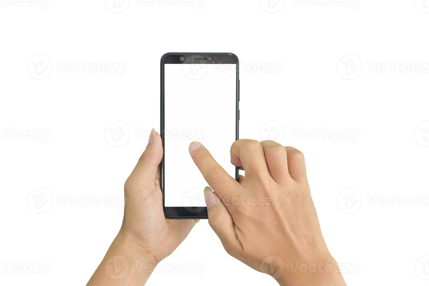 Hand holding phone mobile and touching screen isolated on white background. with clipping path photo