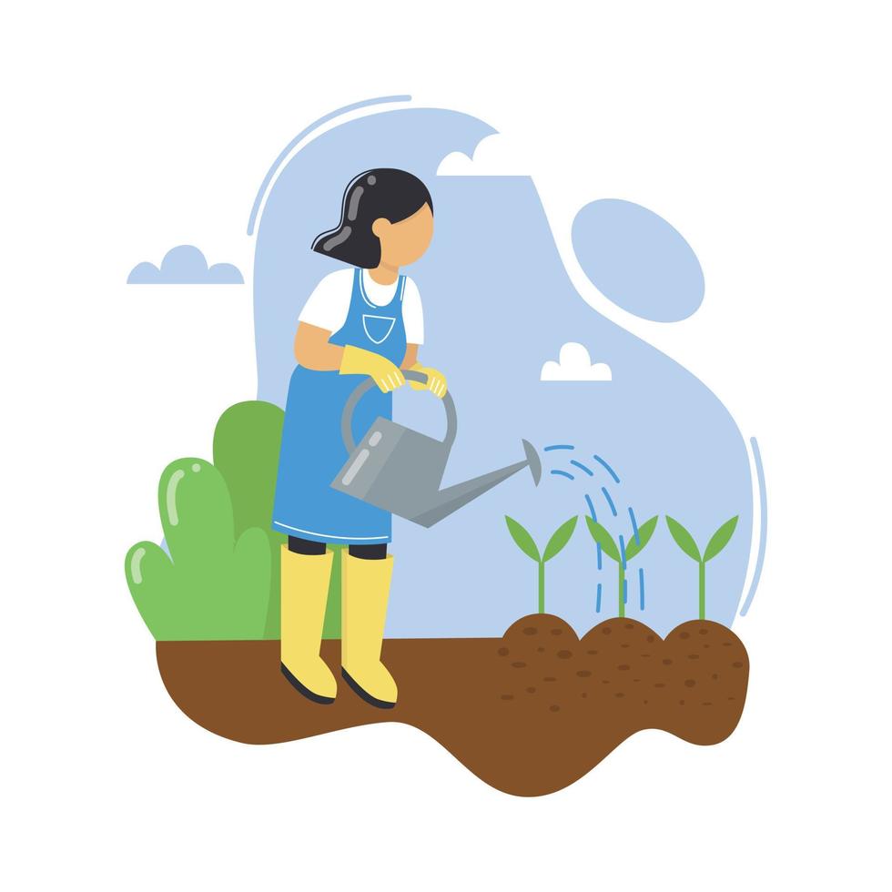 A young woman watering seedlings. Gardening, outdoor activity. Work in a garden. Vector illustration.