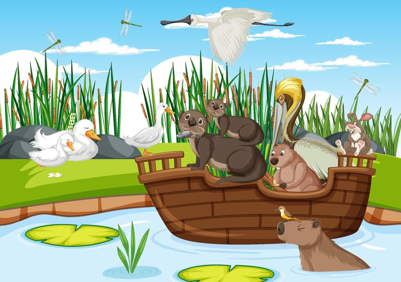 Many animals on the boat vector