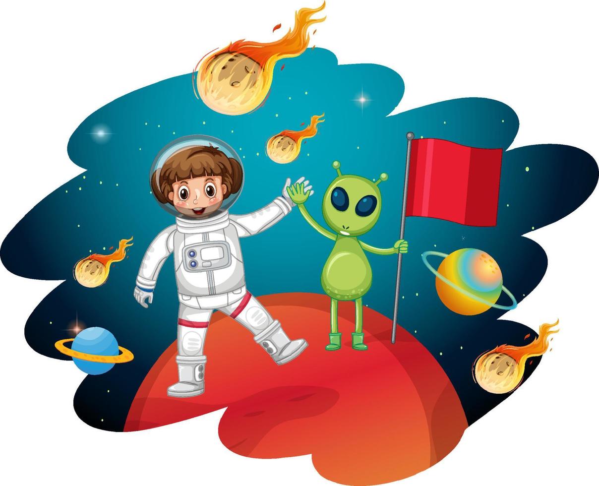 An astronaut with alien standing on planet vector