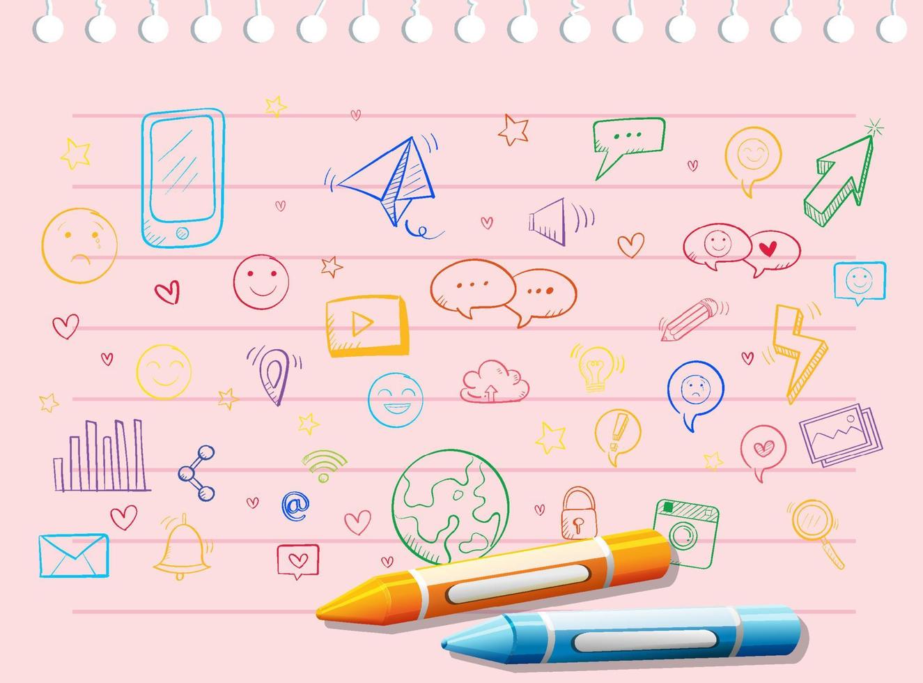 Coloured doodles objects on paper with crayons vector