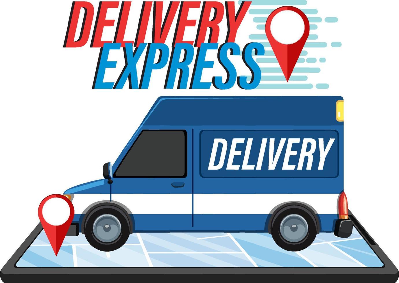 Delivery Express wordmark with panel van and location pin vector