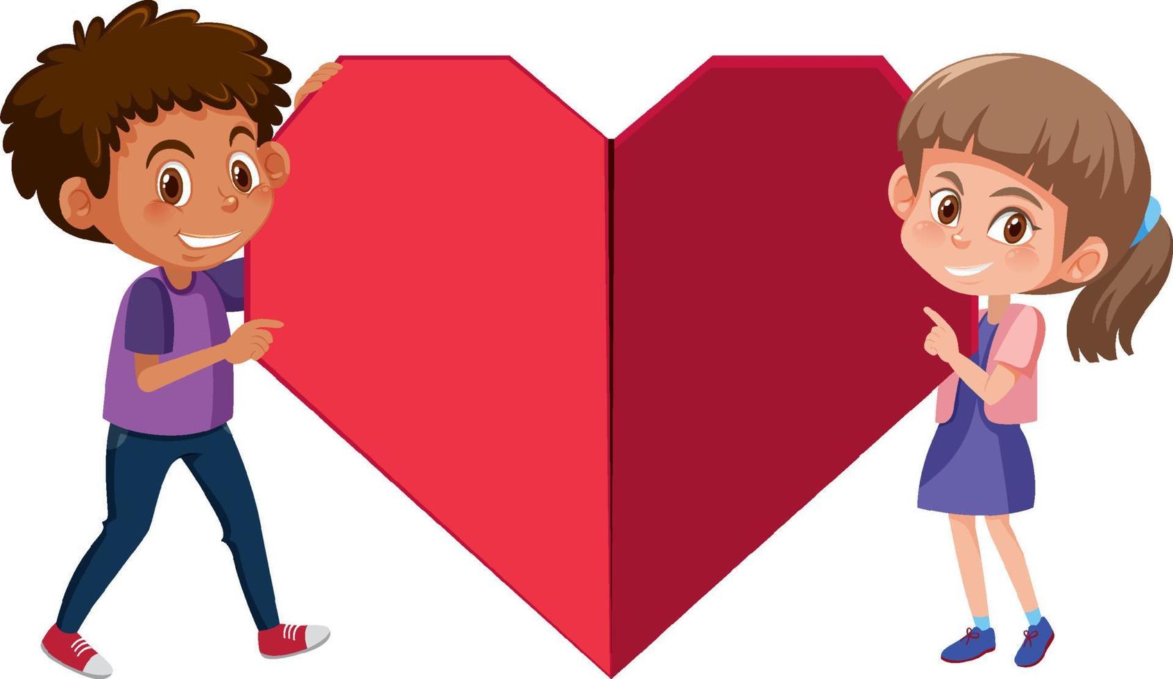 Two children holding a big red heart vector