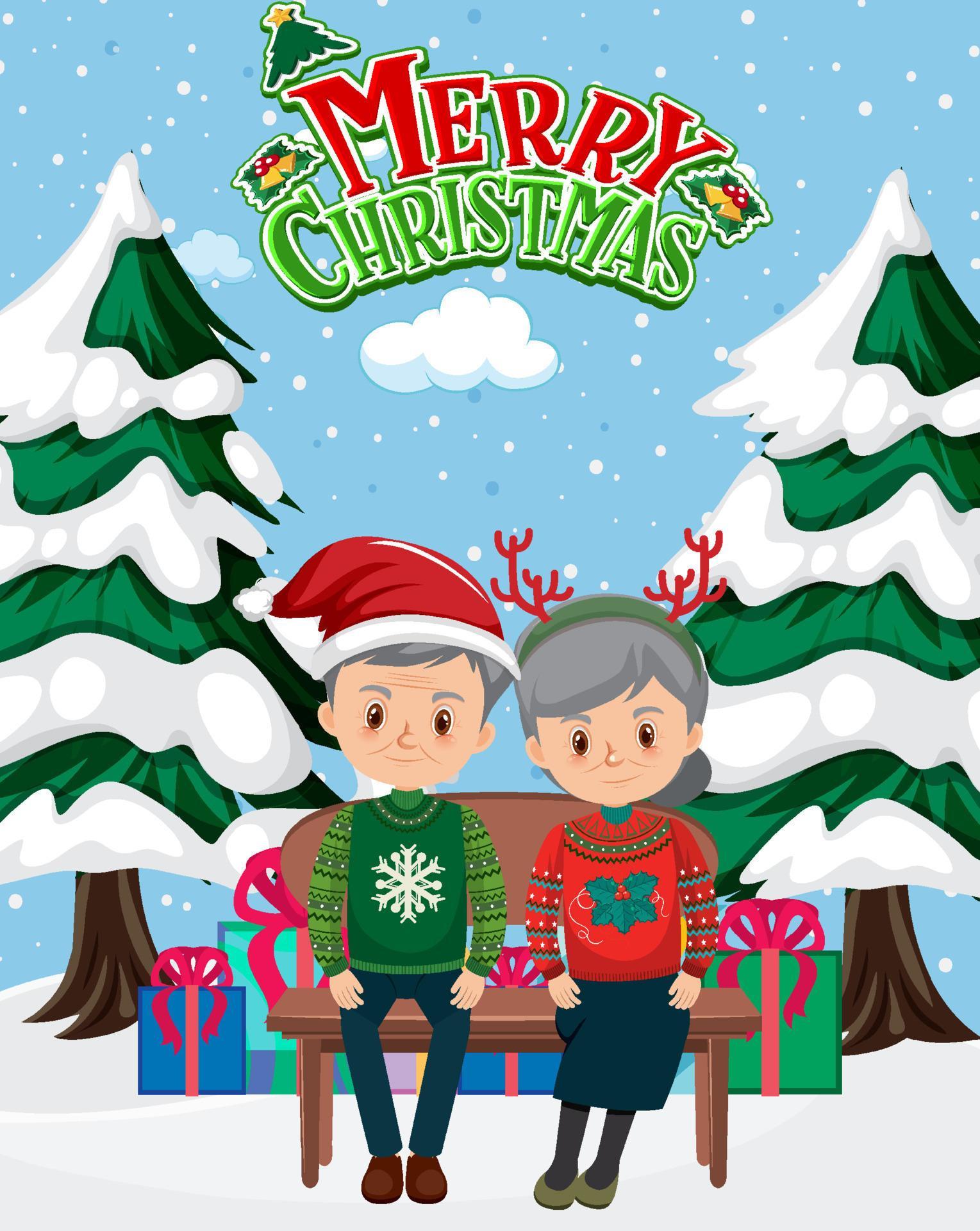 Merry Christmas poster with elderly couple sitting on a bench 6274358