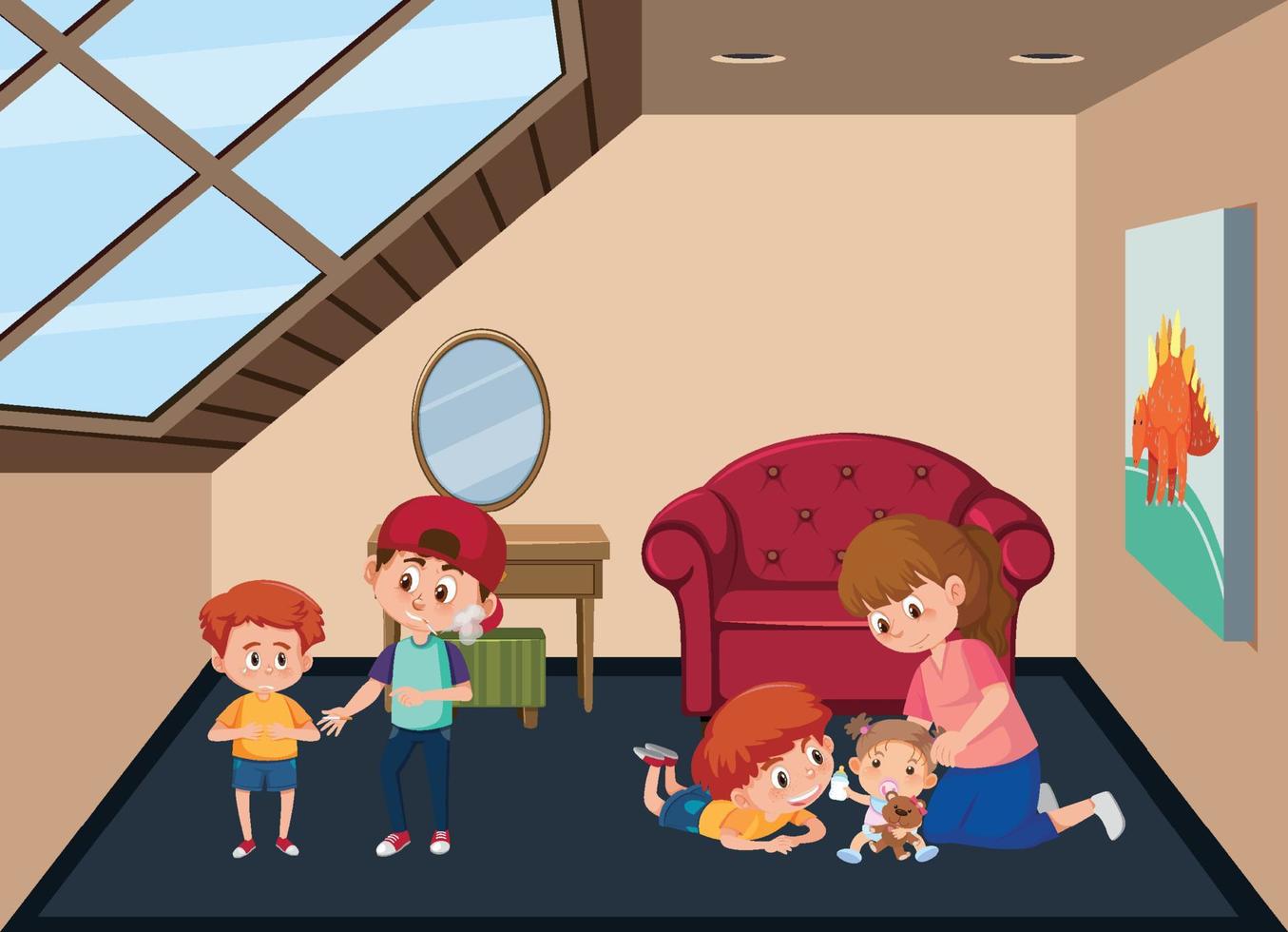 Garret room scene with family members vector
