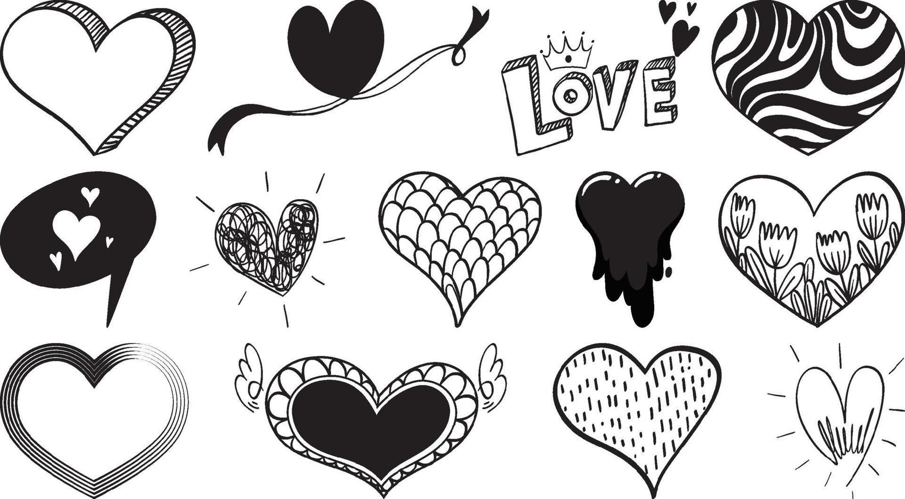 Black hand drawn hearts set vector
