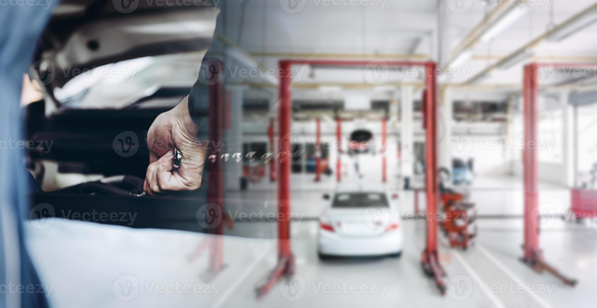 Car Auto Service and Vehicle Maintenance Workshop Center, Automobile Garage Shop and Spare Part Changing. Automotive Services Station. Business Car Repair and Check Up photo