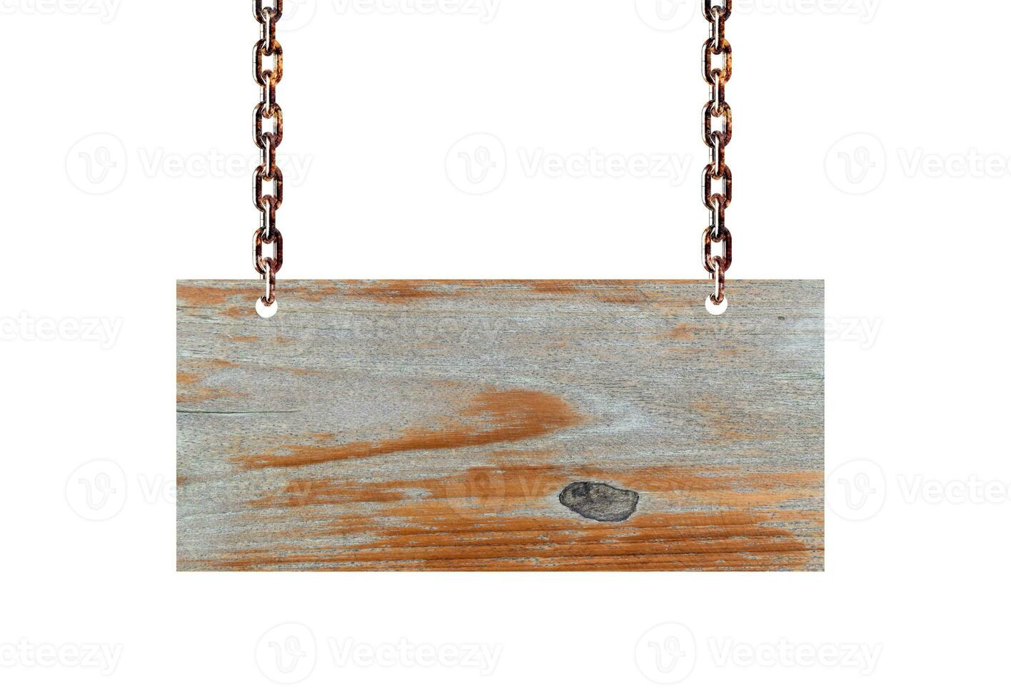 Empty wooden signs hanging on chain isolated on white background. photo