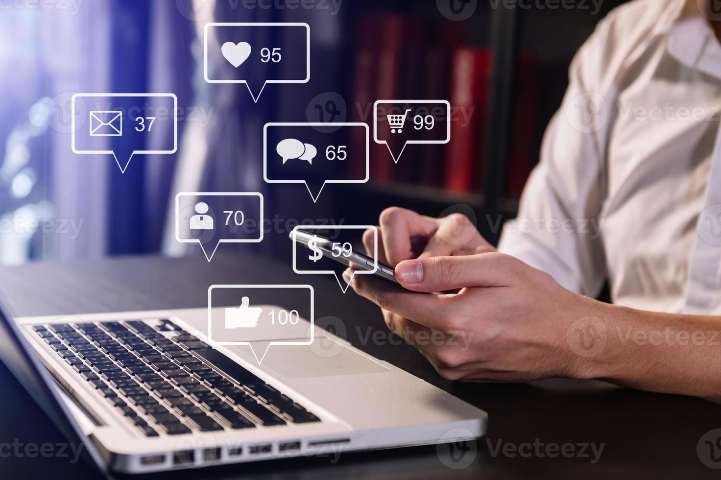 Social media and Marketing virtual icons screen concept.close up of businesswoman typing keyboard with laptop computer photo